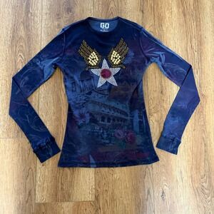GO Jeans Los Angeles Womens L y2k Top Rhinestone Star Italy Graphic Tee USA made